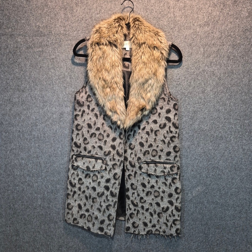 Jolt S Leopard Vest Detachable Faux Fur Collar Raw Hem Indie Sleaze boho wool